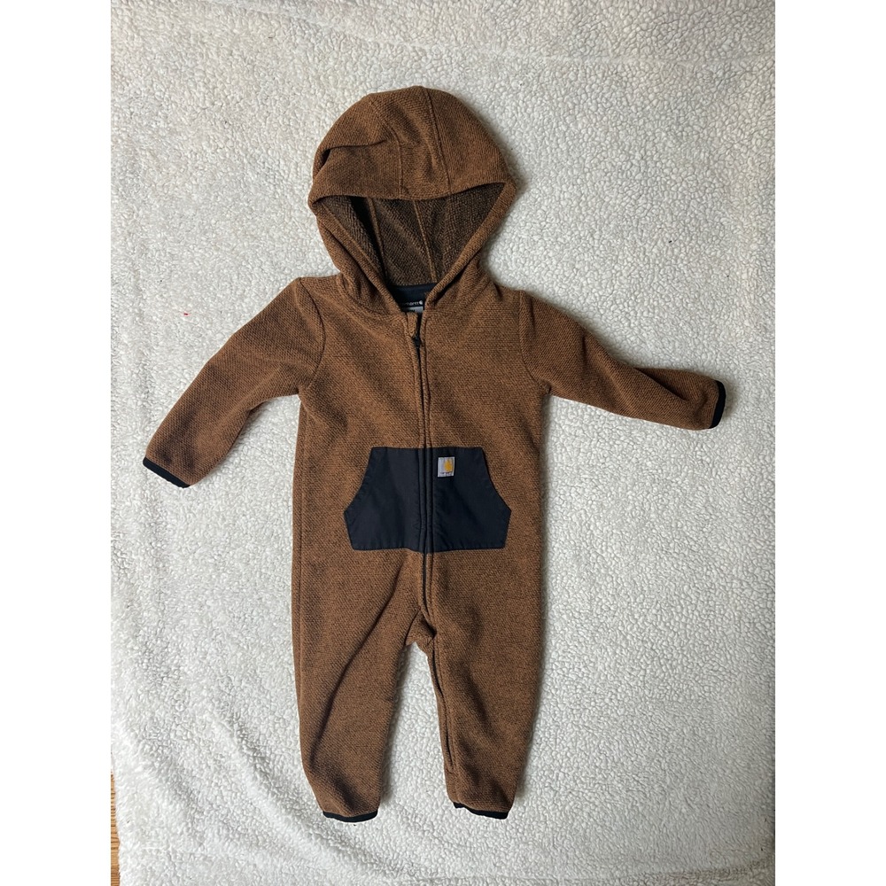 Carhartt Baby Boys Brown Fleece Hooded Coverall Jumpsuit OX5411 12M